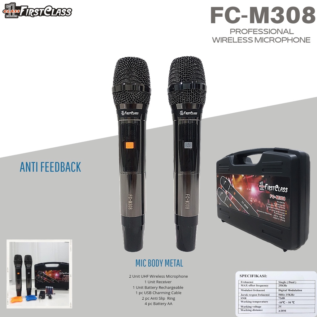 Mic wireless Firstclass M308 | mikrofon tanpa kabel M 308 Sepasang Microphone dengan baterai