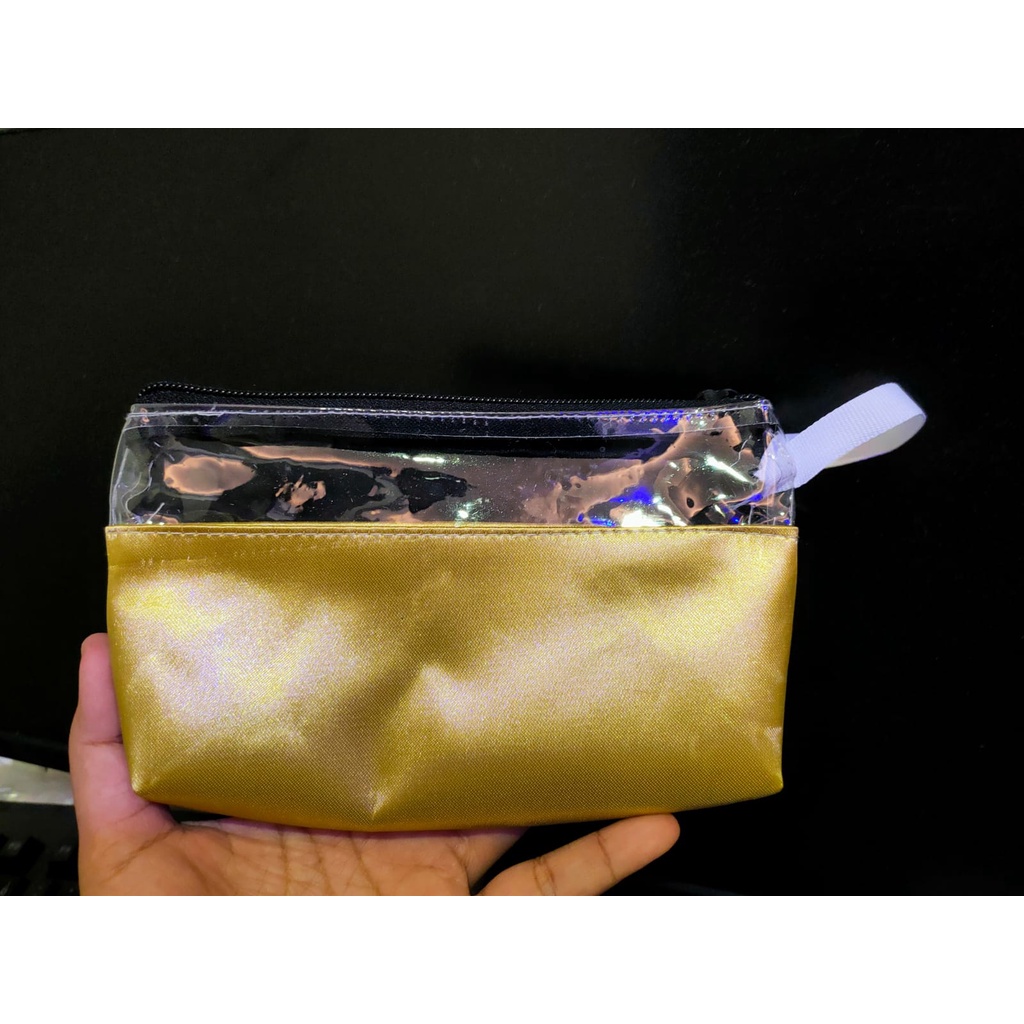 pouch dompet make up kombinasi bahan mika dan bahan glossy gold souvenir pouch