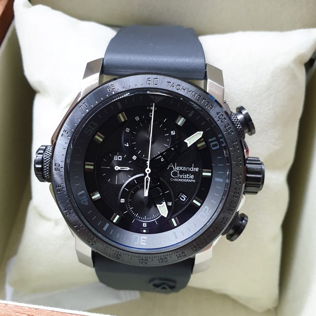 Alexandre Christie Original AC6565MC Jam Tangan Pria Tali Karet Hitam Silver