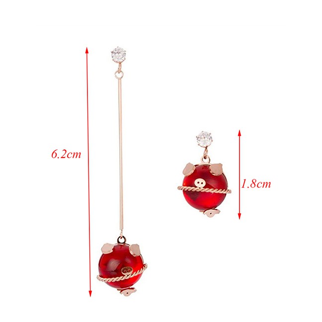 LRC Anting Tusuk Fashion Red Titanium Steel Lucky Pig Asymmetric Stud Earrings A58296