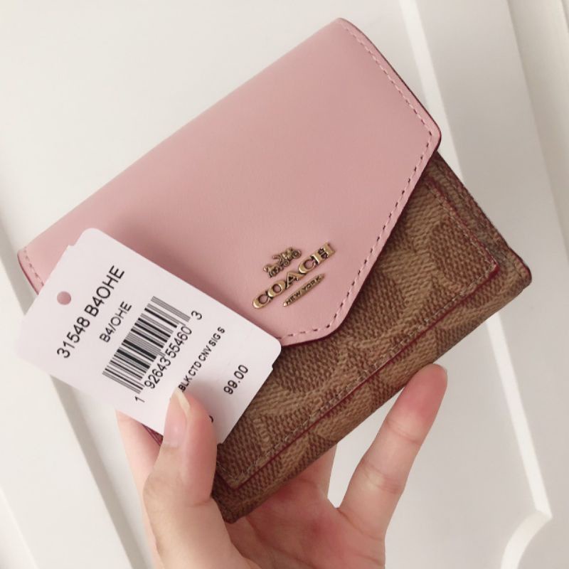 Coach Small Wallet In Signature Canvas With Floral Bow Brown Pink Signature(67246)