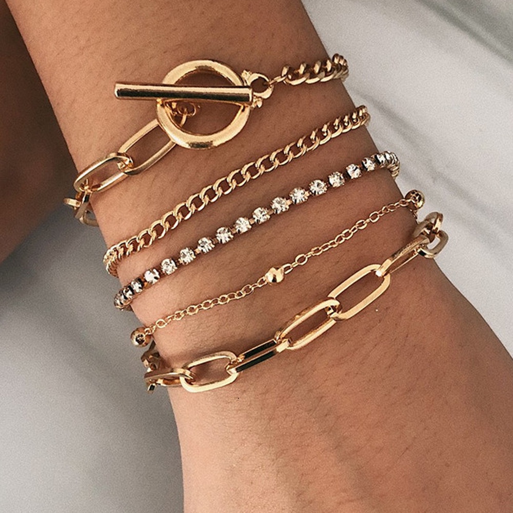 5 Pcs / Set Gelang Rantai Wanita Geometri / Chain Bracelets Set Hip Hop Boho Thick Punk Import