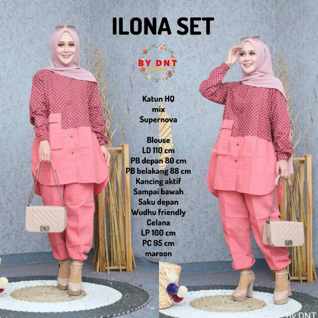 Setelan tunik dan celana setelan blouse dan celana tunik polkadot busui tunik katun Ilona Set