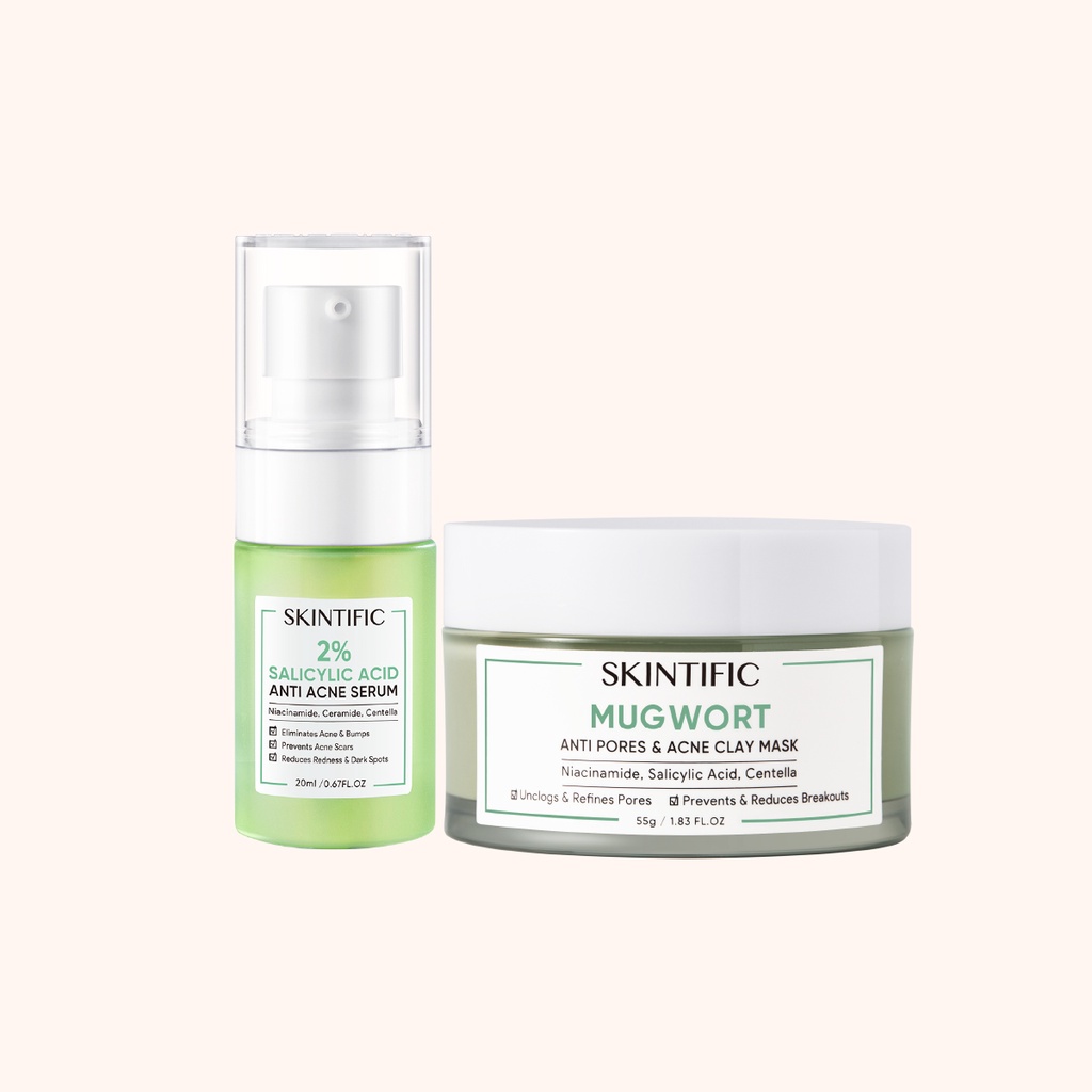 【Skintific Outlet Official】SKINTIFIC Mugwort Anti Pores &amp; Acne Clay Mask Pore Clarifying Wask Off Pack 55G Masker Wajah &amp; 2% Salicylic Acid Anti Acne Serum 【BPOM】