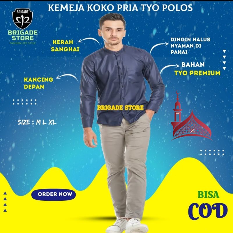 Baju Kemeja KOKO Hem Polos Kasual Kera Shanghai Lengan Panjang Pria