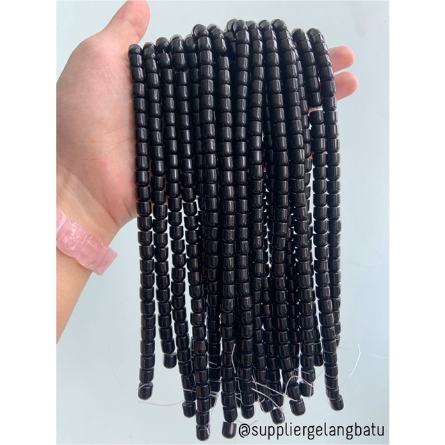 manik batu tabung 8mm black onyx hitam glossy akik bahan gelang kalung