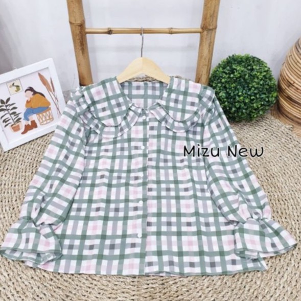 BLOUSE MIZU TARTAN / BLOUSE TARTAN KOREAN STYLE / BLOUSE KOTAK KOTAK KERAH REMPEL-MIZU NEW SAGE GREEN