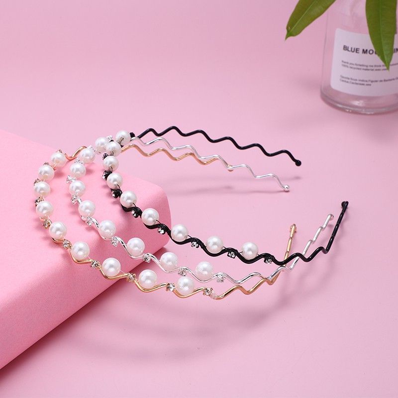 Bando Korea Mutiara Diamond Crystal Zircon Luxury Wave Korean Pearl Kristal Headband Hairband Headpiece Zigzag