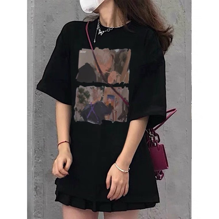 baju kaos wanita painting pattern lengan pendek kaos korean style oversize hitam t-shirt