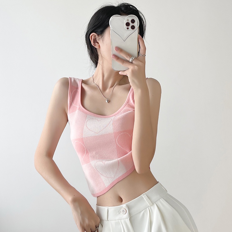 【Elegant】Checkered sleeveless Knit Crop Top 7486