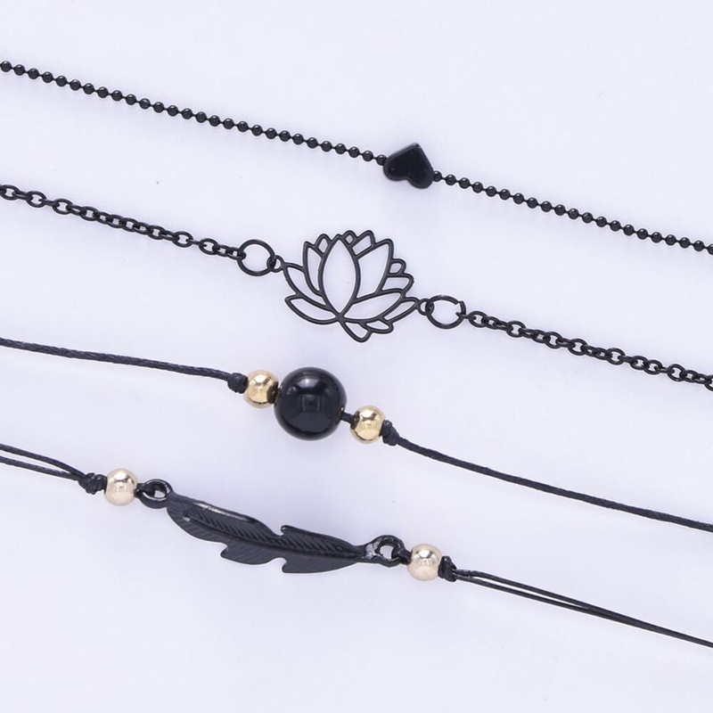 4pcs / Set Gelang Rantai Manik-Manik Bentuk Daun Teratai Hati Warna Hitam Bahan Alloy Dapat Disesuaikan Untuk Wanita