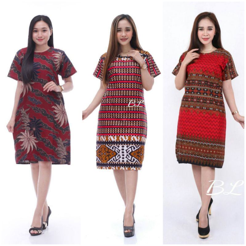 Dress Batik Wanita Modern Lengan Pendek Flare Murah Gosir Lace Brukat Jumbo YUMMA
