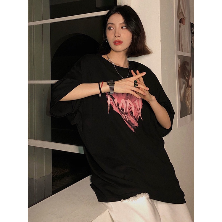 EUNII T-shirt Lengan Pendek surat cinta Pencetakan Longgar Korean Style/Kaos Atasan Wanita/Baju Kaus Oversize Wanita