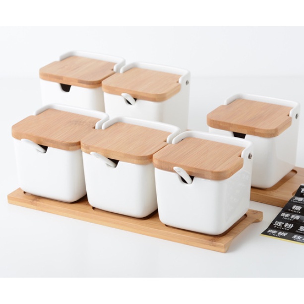 Palma Seasoning Jar / SET Wadah Tempat Bumbu Dapur Keramik Putih 3 in 1 Nordic Unik Tatakan Kayu /