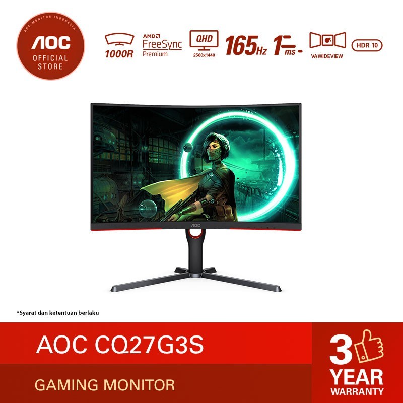 AOC CQ27G3S Curved Gaming Monitor (27&quot;/VA/1ms/165Hz/QHD/1000R)