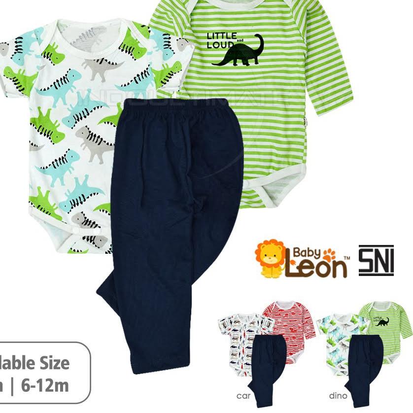 ➫ 0-12m BABY LEON Set 3in1 Baju Jumper pendek panjang celana Bayi Bayi SET-SK02 Katun Single Knit ba