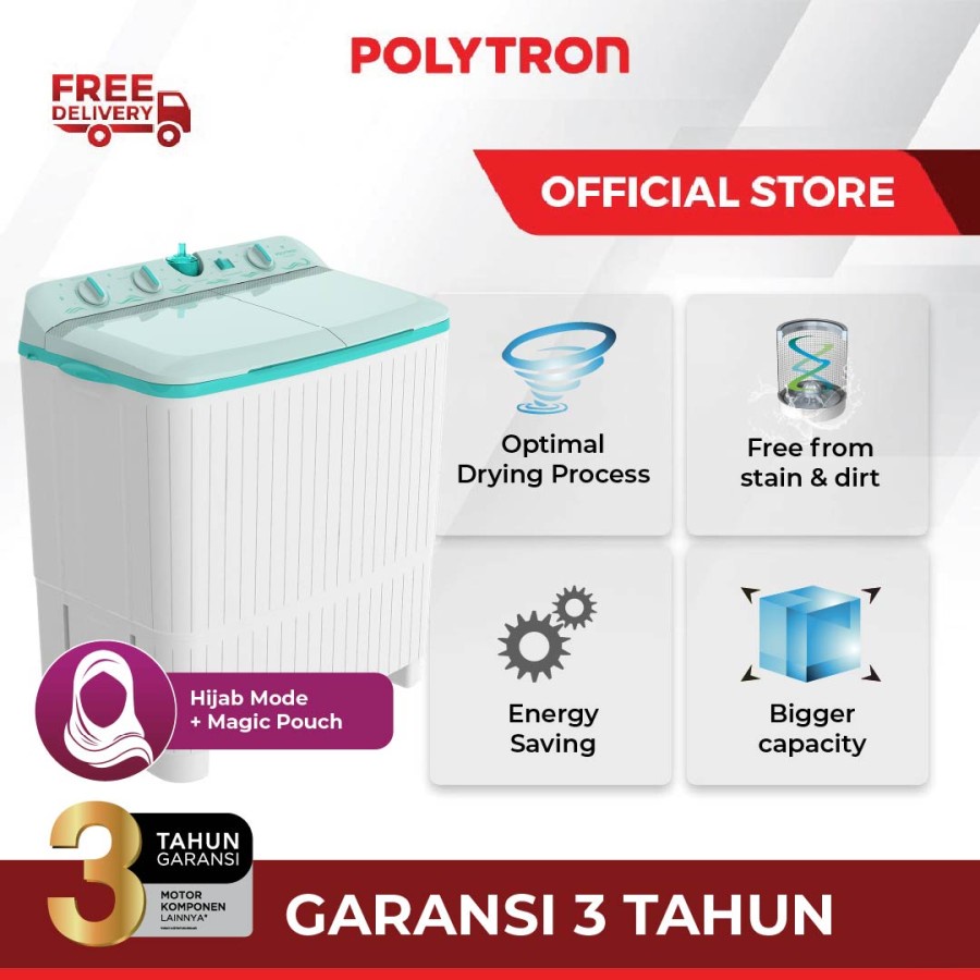 MESIN CUCI POLYTRON 2 Tabung Samba Series Hijab 8 KG – PWM 8076 (PALEMBANG)