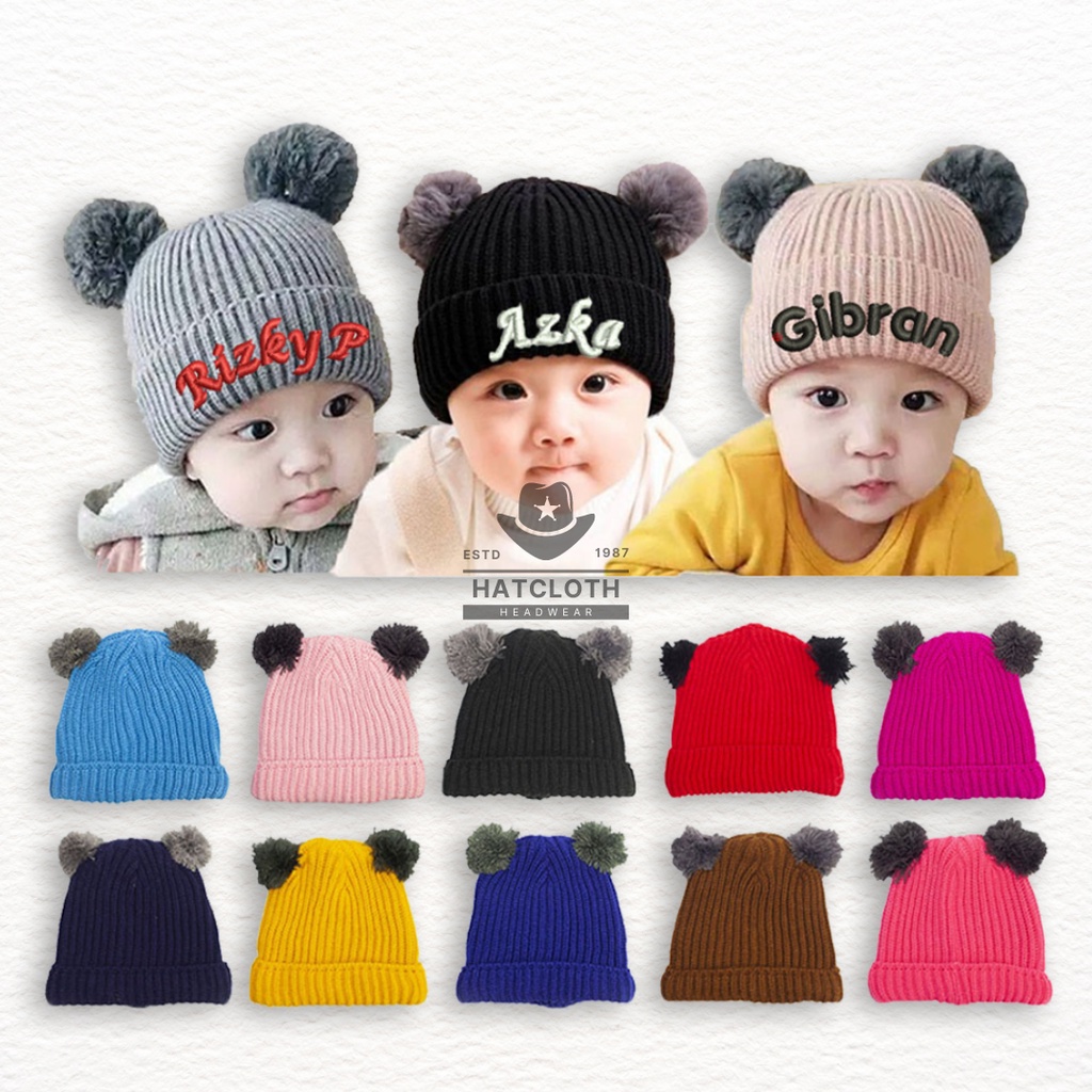 Kupluk Rajut Pompom Anak Bayi Polos / Bordir Nama