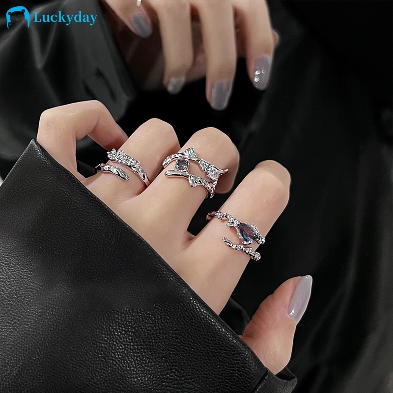 YEEZII 3pcs / Set Cincin Model Terbuka Bahan Silver Desain Geometri Hias Zircon Gaya Retro Kreatif Adjustable Untuk Wanita