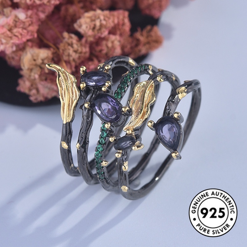 Cincin S925 Silver Bentuk Bulu Daun Aksen Batu Permata Berwarna