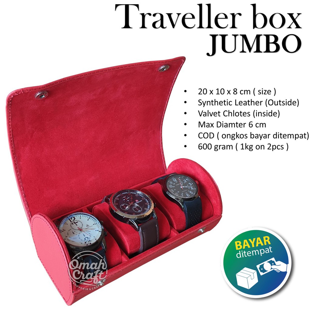 RED FULL - Traveller Watch Box isi 3 / Kotak Jam Tangan / Tempat Jam Tangan