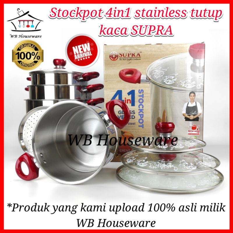 panci set kukusan 4in1 / pengukus / panci  tutup kaca stainless SUPRA