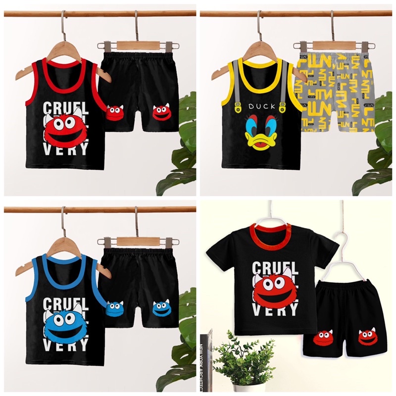 SETELAN ANAK SINGLET KARAKTER ANIMAL/KARTUN/BEBEK DUCK/CRUEL