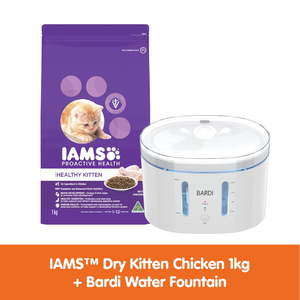 IAMS Makanan Anak Kucing Rasa Chicken 1kg & Bardi Water Fountain (Dispenser Minuman Kucing)