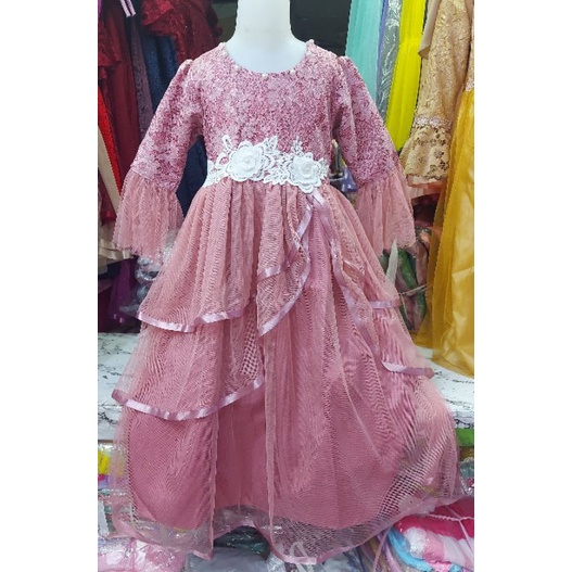 Gaun anak brokat glitter bros putih