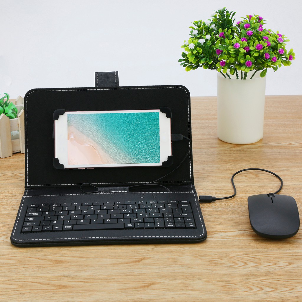 Android Phone Keyboard Dan Mouse Set Portabel Type-C/Micro-Usb Kabel Keyboard Mouse Kit Stand Telepon Dengan Kulit Cove Dengan Type-C/Micro-Usb Converter Untuk Ponsel Kantor Rumah Belajar Online Bermain Game (Telepon OTG)