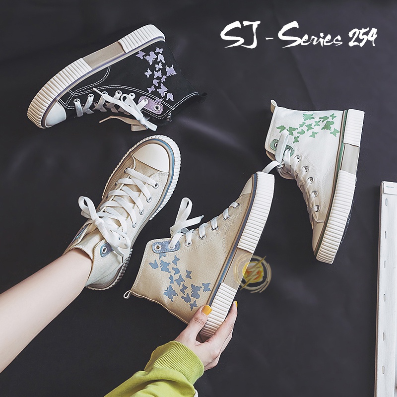 [OOS] (DAPAT 2 PSC TALI SEPATU) Sepatu Sneakers Boots Wanita IVE Motif Trendy Kupu-kupu Kualitas Import Premium - 254