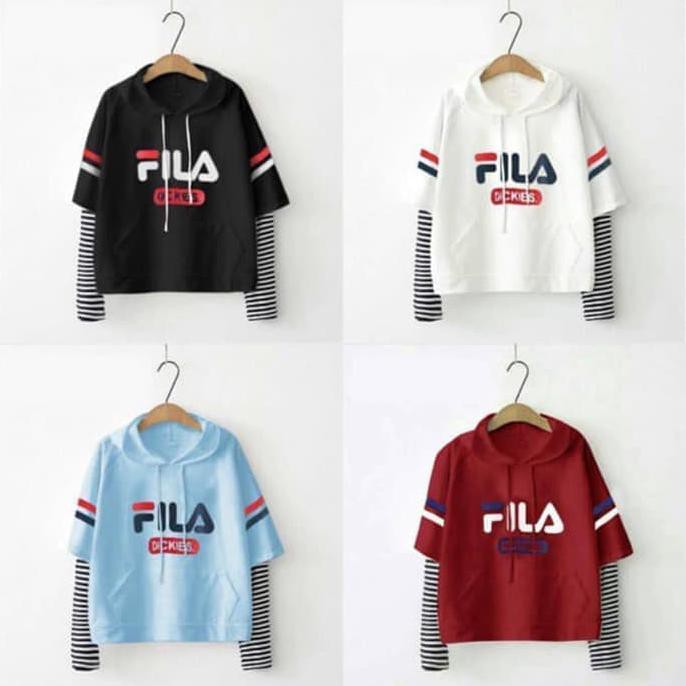 Barang Berkualitas MFcollection Outer Wanita Sweater Wanita Crop Hoodie FILA Dickies - Biru Muda
