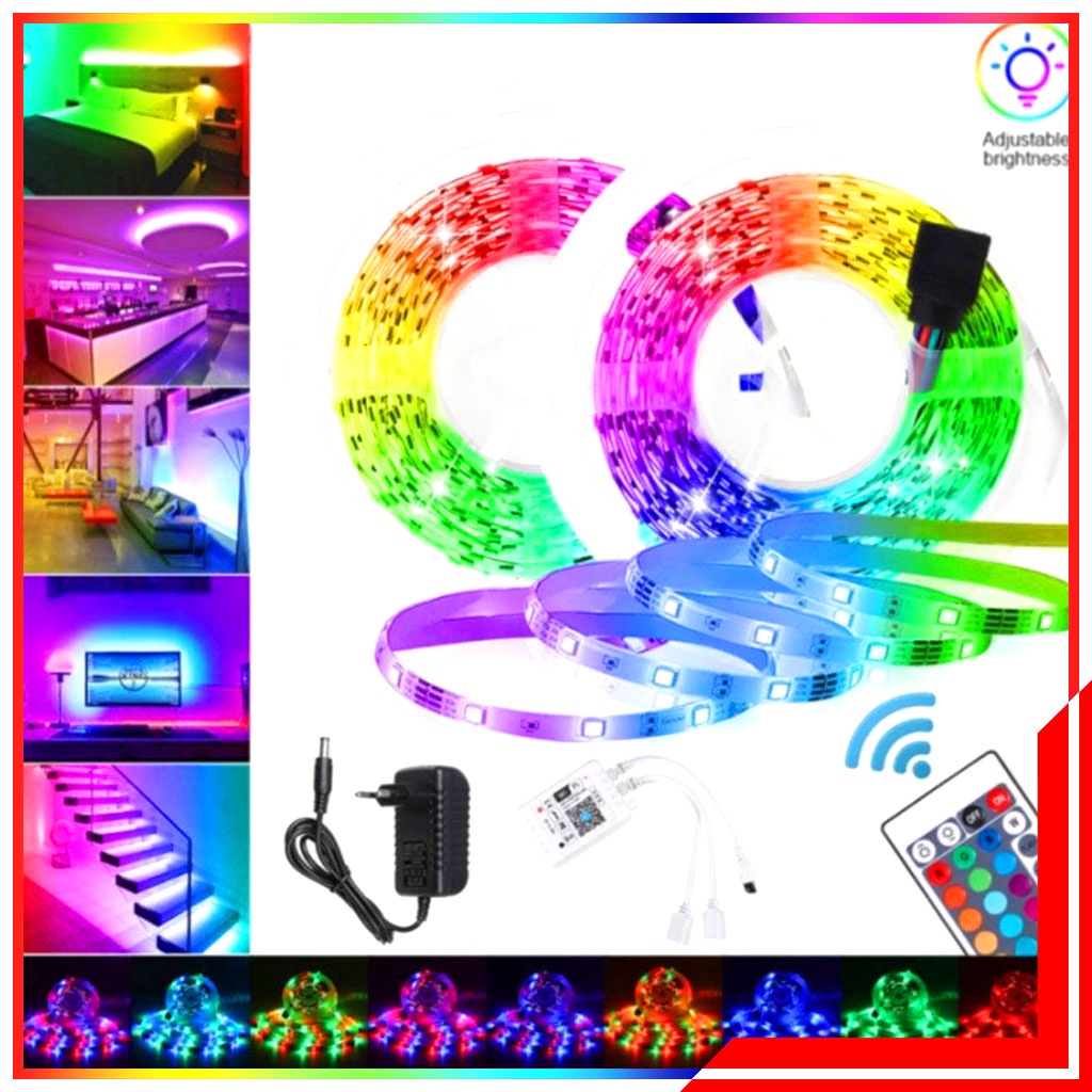 Satu Set Komplit Lampu LED Strip RGB Warna Warni 10 Meter + Adaptor &amp; Remote - Lampu Hias Warna Warni Strip 10 Meter Anti Air