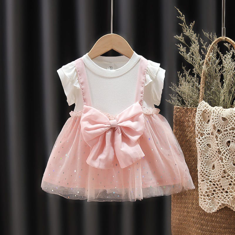 DRESS TERUSAN PINK ANAK PEREMPUAN 100% COTTON / DRESS IMPORT ANAK CEWE LUCU / DRESS PITA MERAH MUDA 