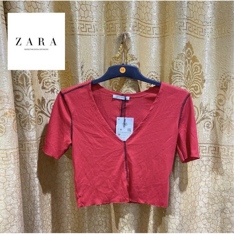 Zara Red Crop V Neck T-Shirt