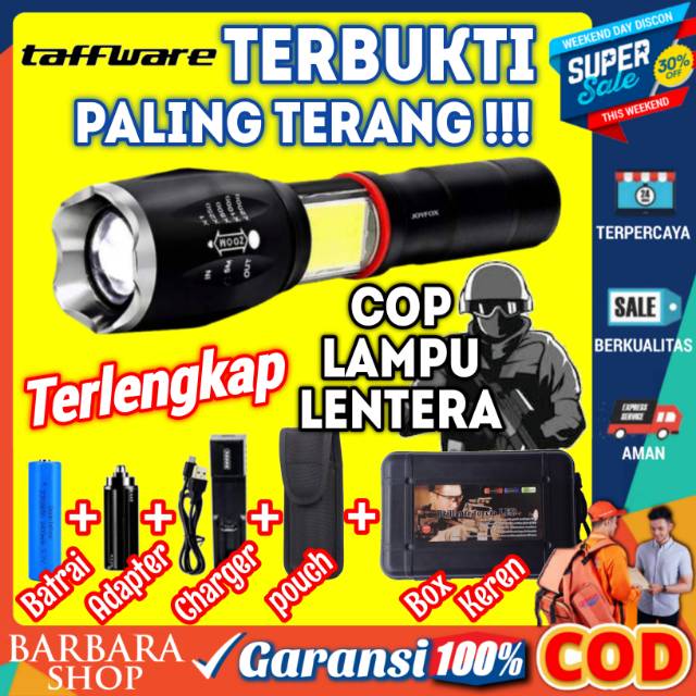 PAKET Senter Led Super Terang Jarak Jauh Lampu COB 8000 Lumens Cree E17 xml T6 Taffware Outdoor COD