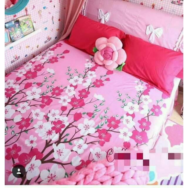 Sprei Cvc Motif Bunga Sakura Dream Pink Hitam