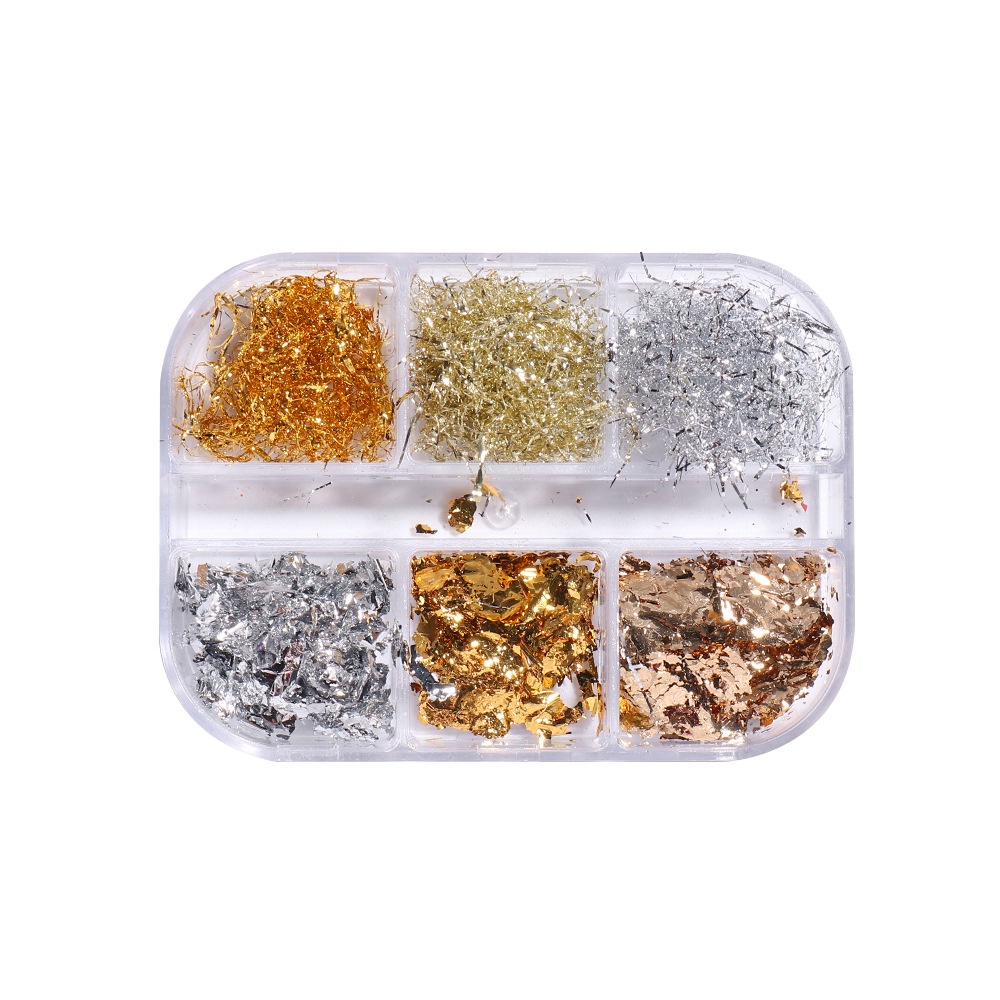 6 Sekat / Kotak Stiker Foil Glitter Sequin Asimetris Emas dan Perak Warna Dekorasi Nail Art Diy