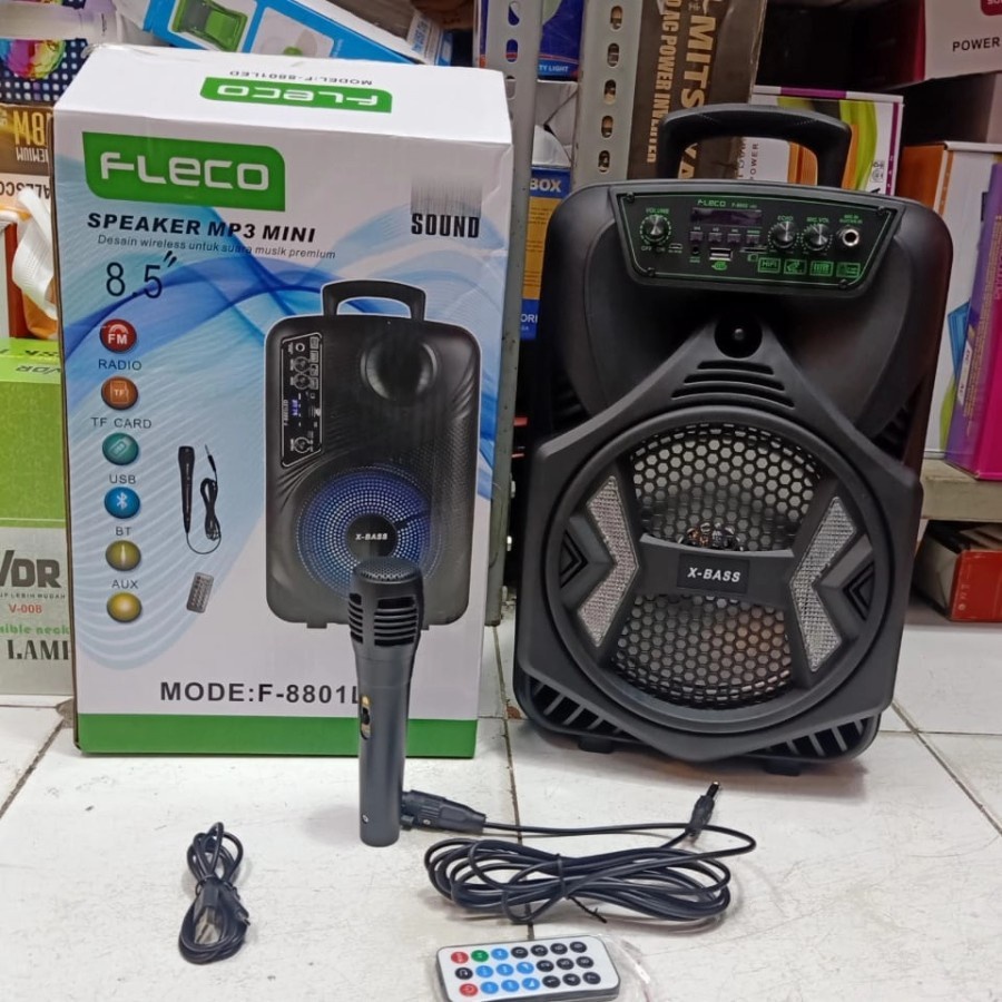 COD SPEAKER BLUETOOTH KARAOKE 8'5 INCH FLECO F-8802 LED PLUS MIC KARAOKE X-BASS//SALON AKTIF FLECO X-BASS//SPEAKER KARAOKE