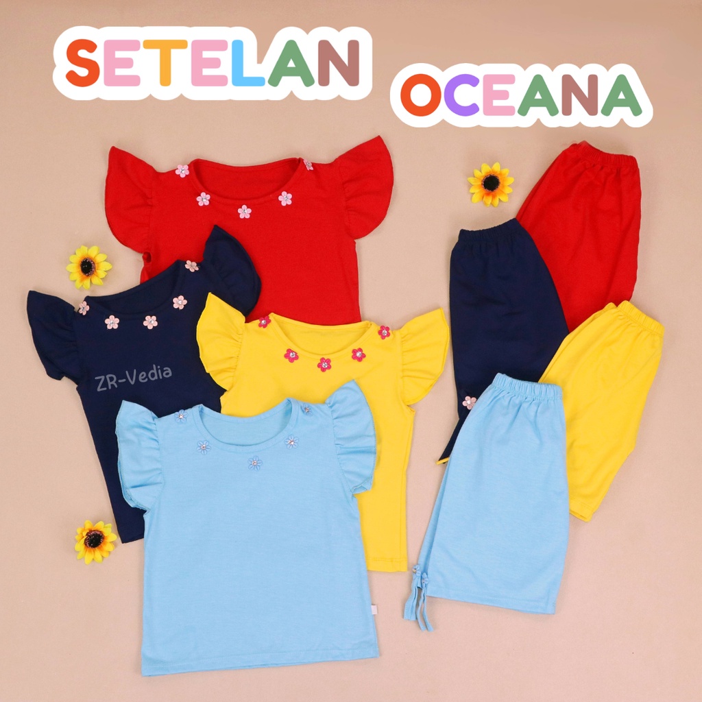 Setelan Oceana Bayi 3-18 Bulan /Set Baju Lengan Celana Pendek Anak Perempuan Import Polos Balita Adem  Kiosbalitaaprillia