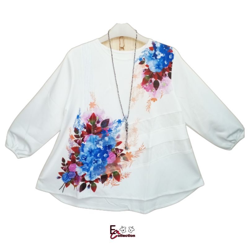 Blouse Wanita Lengan Panjang Premium Import Korean Style Putih Motif Bunga