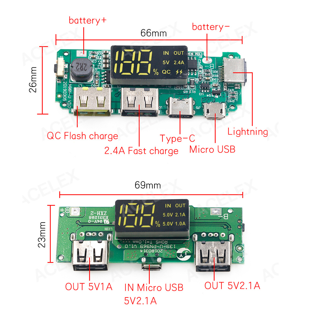 Modul Power Bank Charger Baterai Lithium 18650 Dual Usb Tipe-C / Micro Usb 5v 2.4a Dengan Layar Digital Led