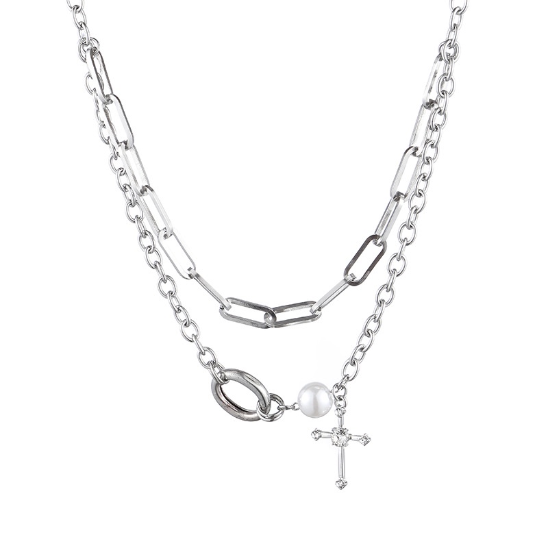 Kalung Rantai Multilayer Liontin Salib Aksen Mutiara Kristal Warna Silver Gaya Vintage Untuk Pria