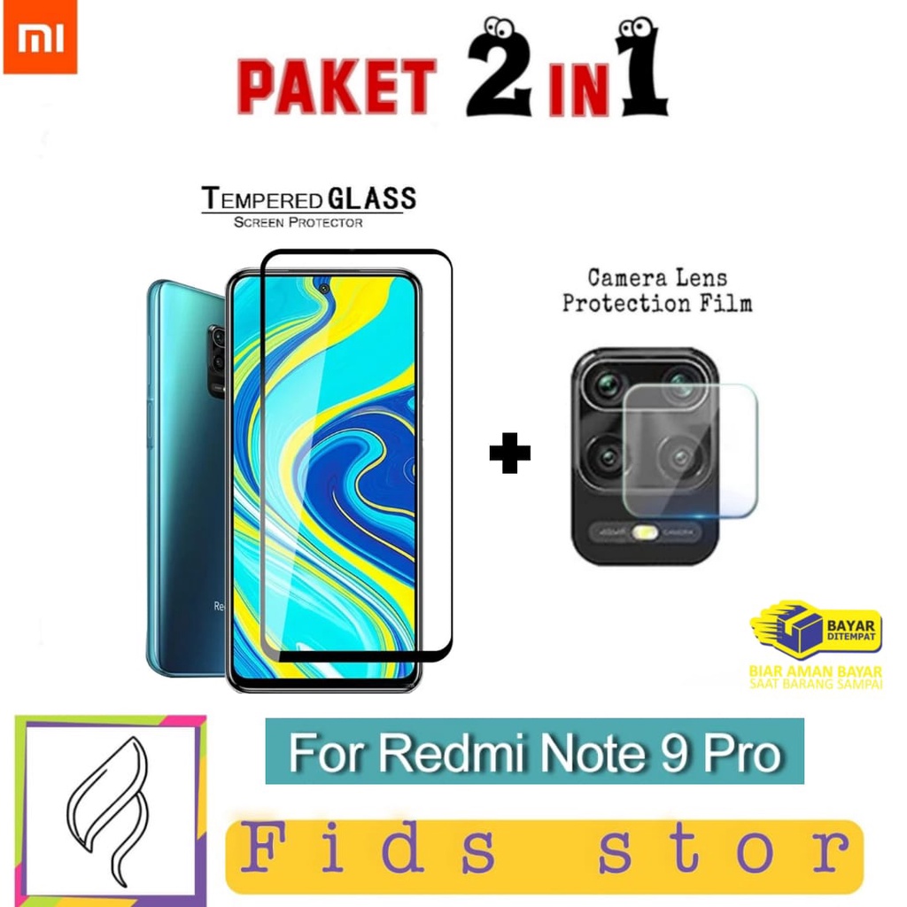 PROMO 2in1 Tempered Glass XIAOMI Redmi Note 9 | Redmi Note 9 Pro Full Layar List Hitam Free Camera