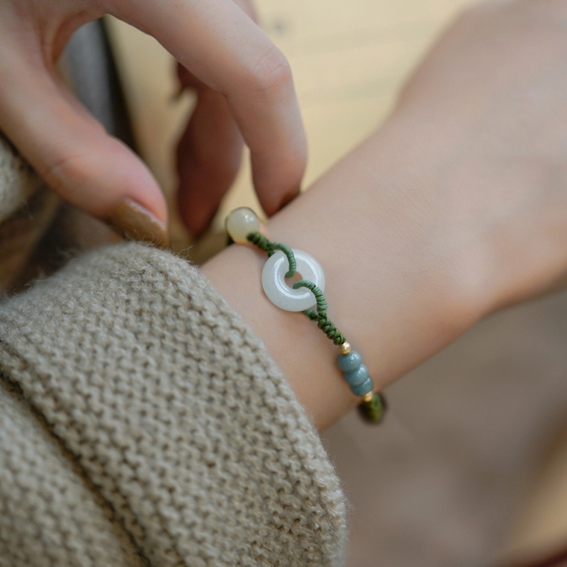 Gelang Tangan Silver 925 Wanita Hias Batu Giok Hetian Alami Gaya Vintage