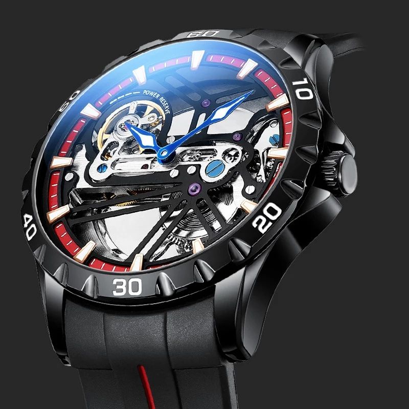 Jam Tangan Pria Mekanik Otomatis Ailang Excalibur Motor Cycle Open Heart Tourbillon Transparan