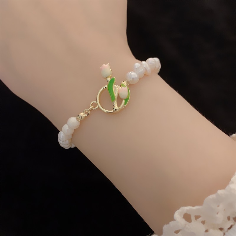 Perhiasan Gelang Mutiara Air Tawar Bentuk Tulip Gaya Retro Korea Perancis Untuk Wanita