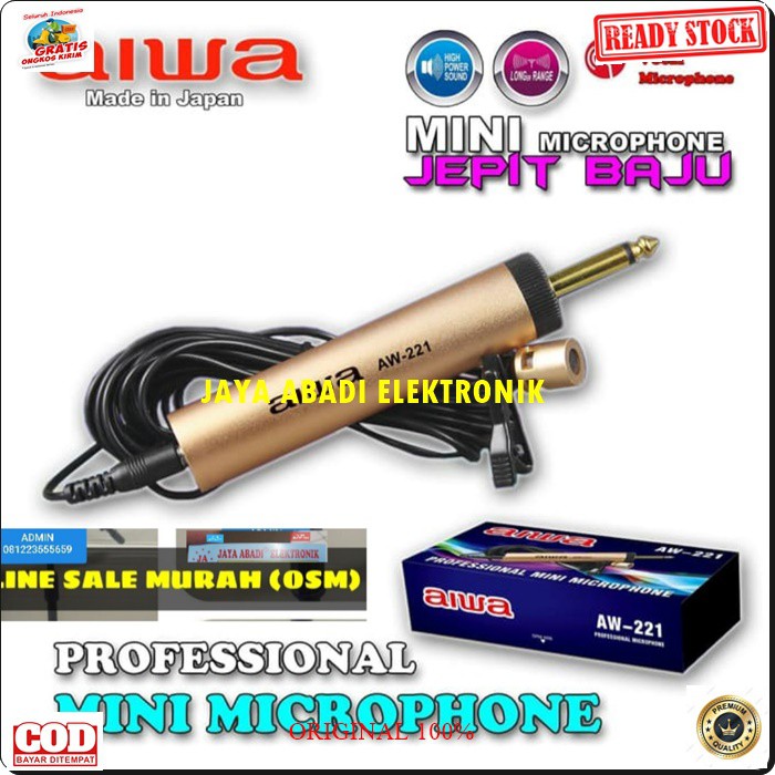 Original tum Mic Jepit Kancing kerah baju microphone Clip Condensor sensitif aux mikrophone mik karaoke sound audio emas klip asli RHS  Kabel 7-10 meter  DESKRIPSI * Mikrofon ini dengan elemen omni directional (Low noise FET), * Sebuah klip yang baik untu