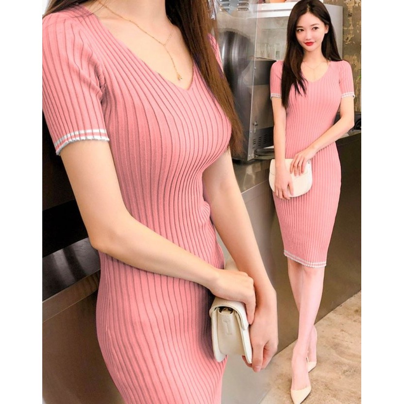 HOPYLOVY - Dress Wanita Korean Style Bodycone Kerah V list Putih Shaza