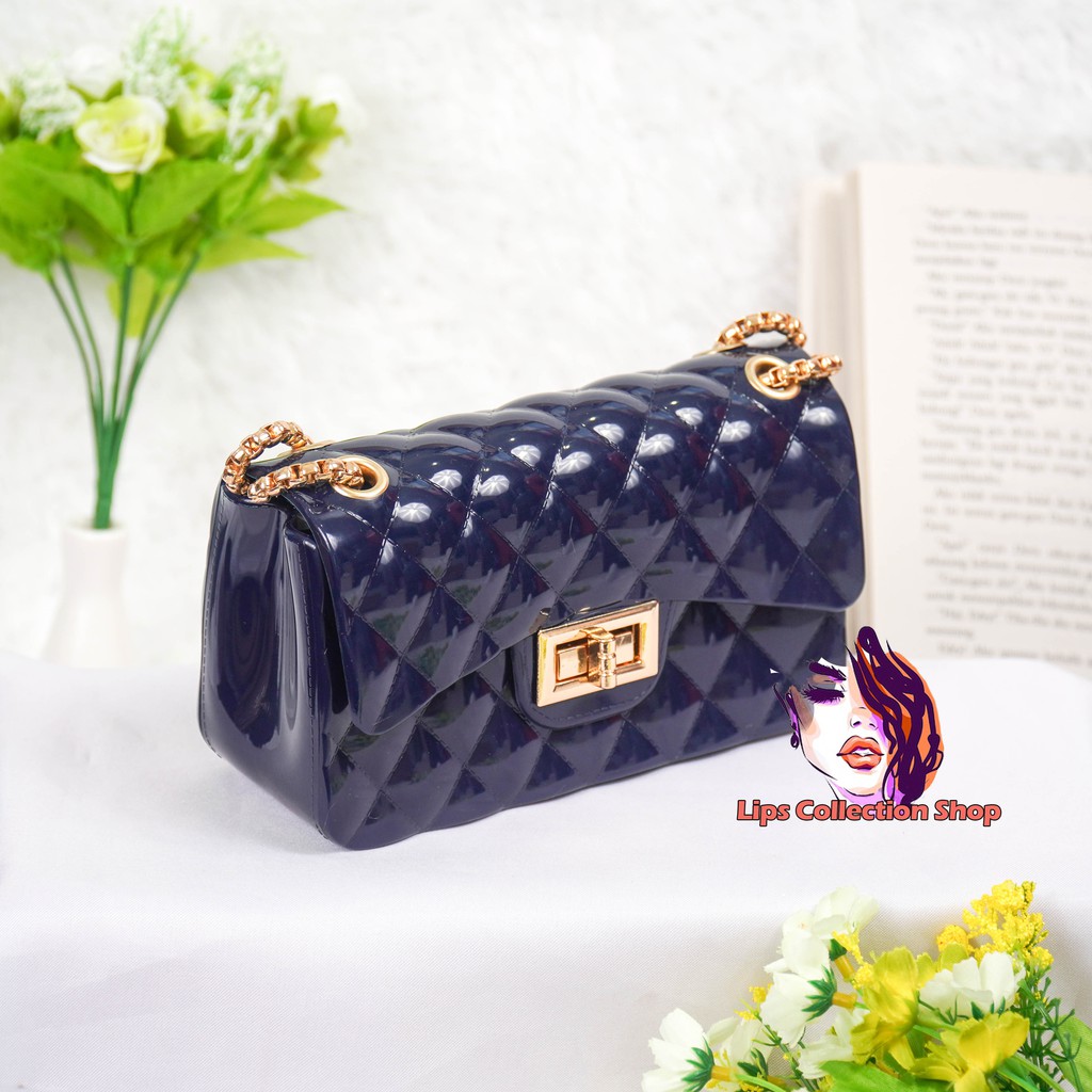 Tas Jelly Glossy Size 18 Cm Rantai Gold &amp; Hitam